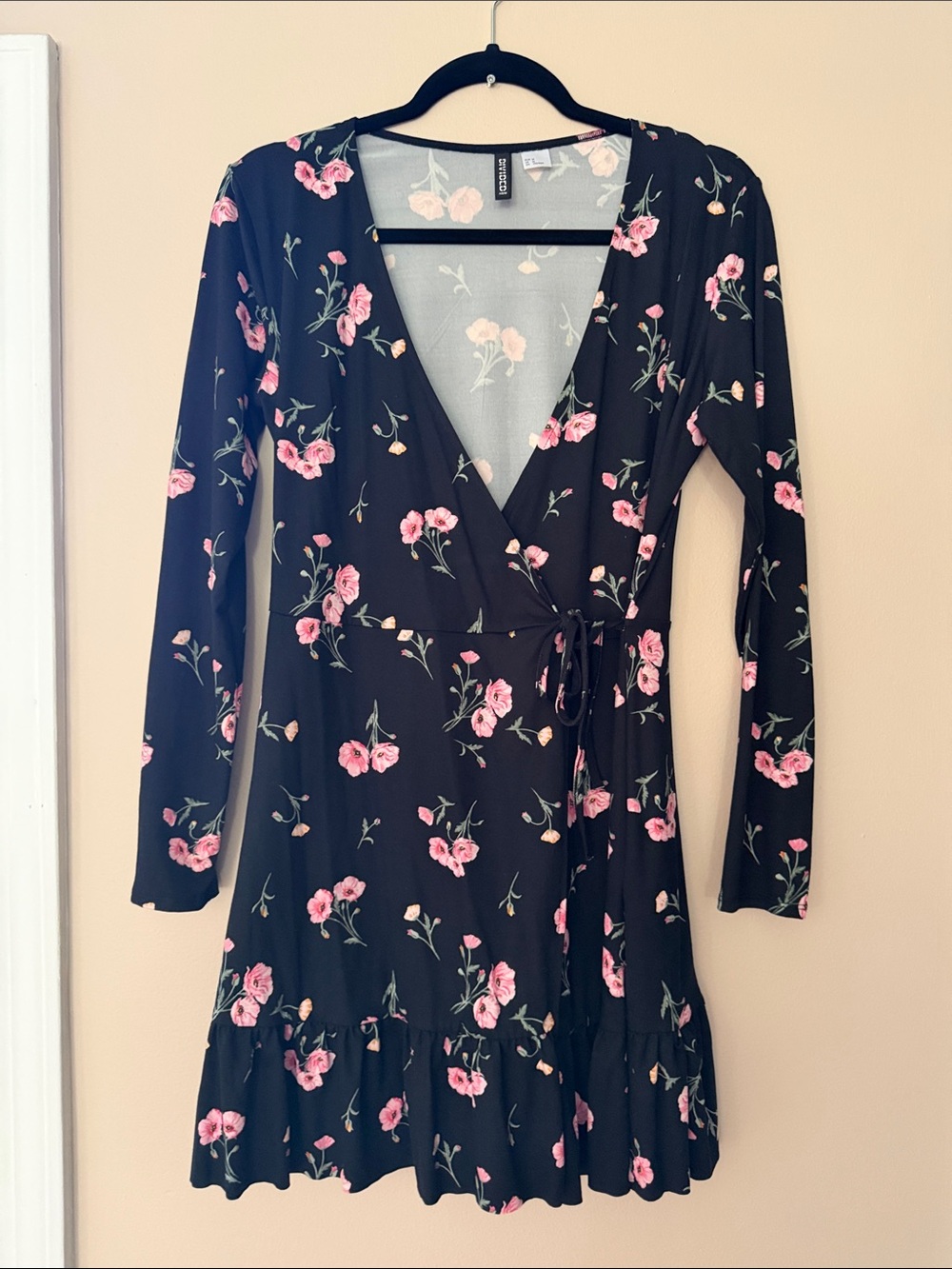 Divided Black Wrap Dress with Pink Floral Print